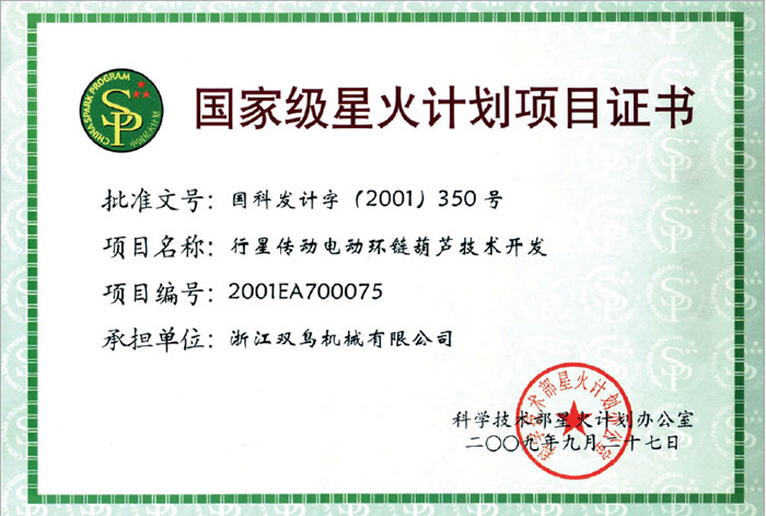 国家级星火计划项目证书